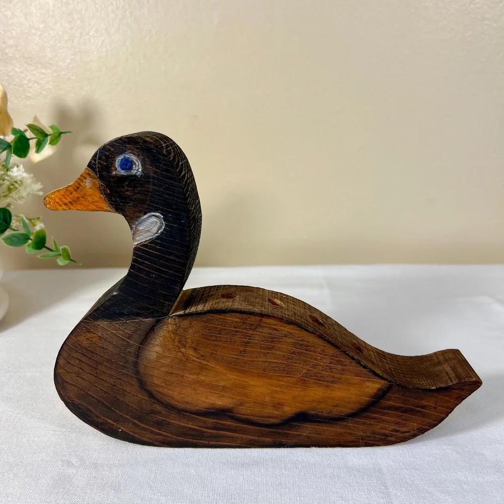 Vintage 1988 Hand-Carved Painted Wooden Duck Pencil Holder